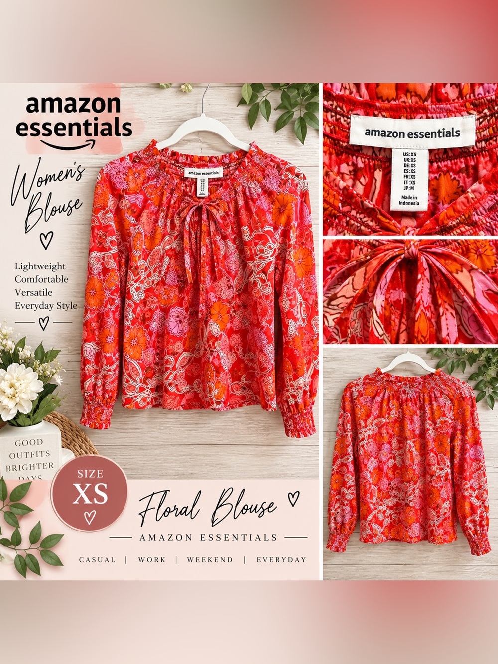 NWT Amazon Essentials Floral Tie Neck Blouse XS Red Pink Orange